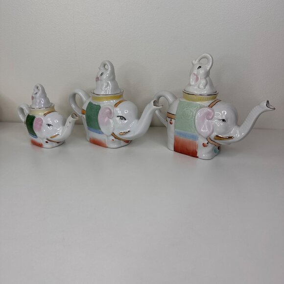 Vintage Elephant Porcelain Teapot Set Of 3 - Picture 2 of 13